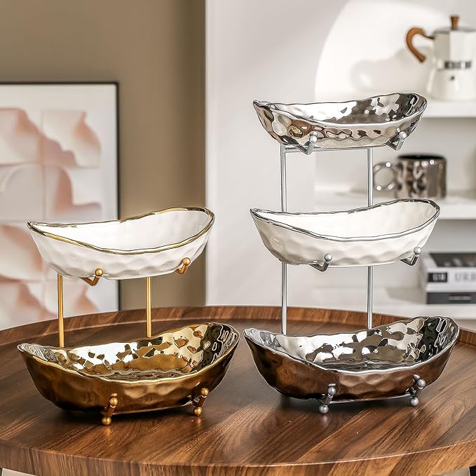 2-Tier Fruit Bowls for Kitchen Counter,Ceramic Bowl with Gold Metal Stand,2 Tier Fruit Basket for Fruit,Snack,Cake,Nuts,Dessert Space Saving Storage