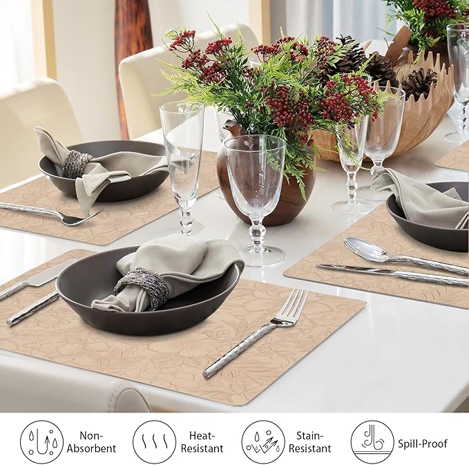 SolaraDawn Faux Leather Table Placemats Set of 4, Washable, Wipeable & Heat-Resistant Table Mats, Waterproof Dining Place Mats with Embossed Texture for Kitchen & Dining, Beige, 17" × 12"