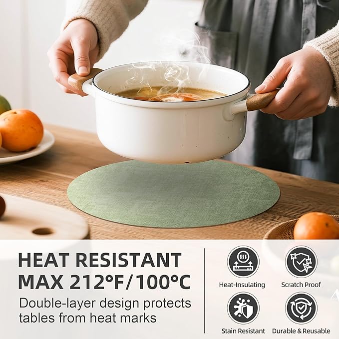 15 inch Faux Leather Round Placemats Set of 4 Non-Slip Washable Wipeable Table Mats, Heat Resistant Waterproof Oilproof Sage Green Place Mats for Kitchen, Dining, Party, Indoor, Outdoor