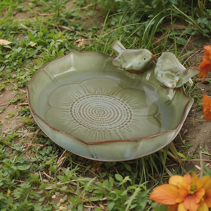 Ceramic Bird Bath Bowl with Perched Birds - Premium Outdoor Tabletop Birdbath Basin in Weather-Resistant Glaze - Usable on Ground, Deck or Tabletop