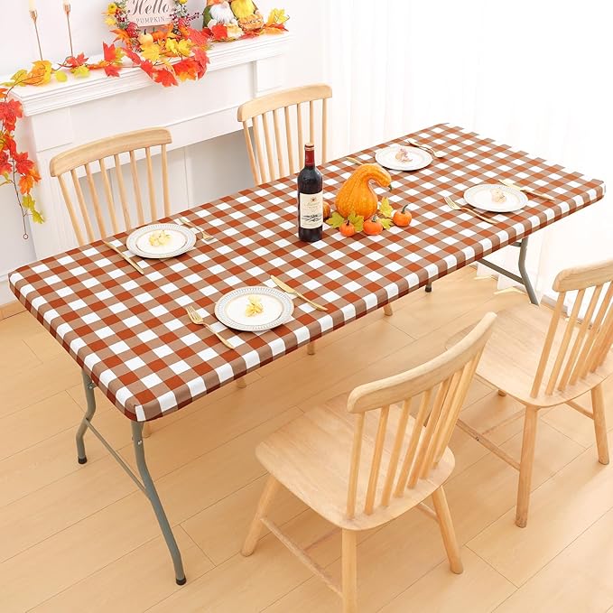 Smiry Rectangle Picnic Table Cloth, Elastic Waterproof Fitted Vinyl Tablecloths, Flannel Backed Buffalo Plaid Table Covers for Dining, Camping, Outdoor, Thanksgiving (White and Rust, 30" x 72")