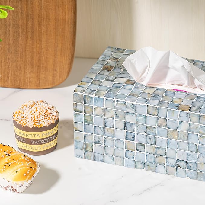 PEMAR Rectangular Mother of Pearl Tissue Box Capiz Shell Handmade Rectangle Tissue Box Cover Holder Decorative Napkin Dispenser Organizer Rustic Farmhouse Vintage Decor (Blue)