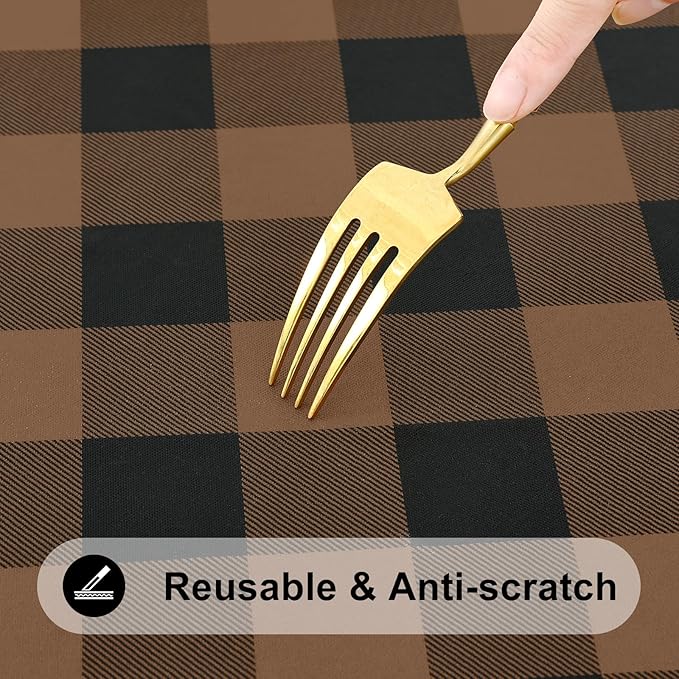 Smiry Rectangle Picnic Table Cloth, Elastic Waterproof Fitted Vinyl Tablecloths, Flannel Backed Buffalo Plaid Table Covers for Dining, Camping, Outdoor (Black and Brown, 30" x 96")