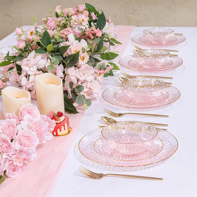 I00000 50 Pack 12 Ounce Pink Plastic Bowls Serving Bowls Hammered Clear Bowl with Gold Rimmed, Heavy Duty Disposable Bowl Set,Small Bowls for Valentine's Day Party