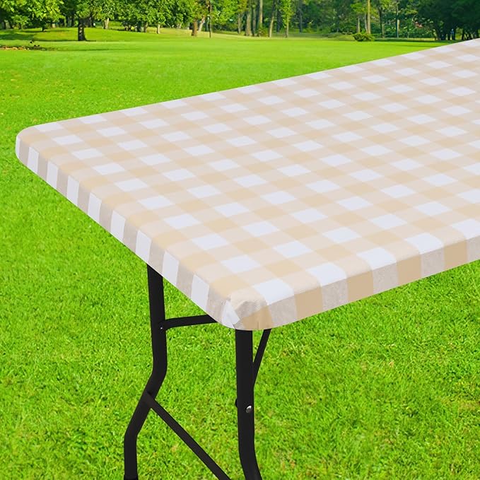 Smiry Rectangle Picnic Table Cloth, Elastic Waterproof Fitted Vinyl Tablecloths, Flannel Backed Buffalo Plaid Table Covers for Dining, Camping, Outdoor (White and Beige, 30" x 48")