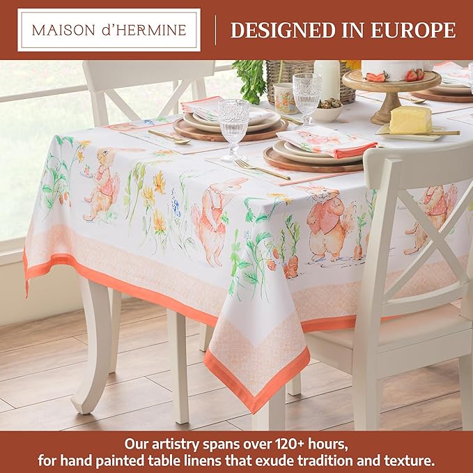 Maison d' Hermine Table Cloth Square Table 100% Cotton 54 x 54 Inches Tablecloth Reusable Decorative for Dining Room Farmhouse Home Valentines Day Decorations Spring Summer - Bunny Party