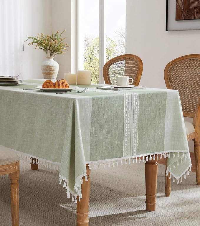ZeeMart Contrast Linen Table Cloth Rectangle Table Cloths 60x84 Inch Mid-Stripe Green, Farmhouse Style Heavy Weight Sage Green Tablecloth, Water Resistant Burlap Tablecloths