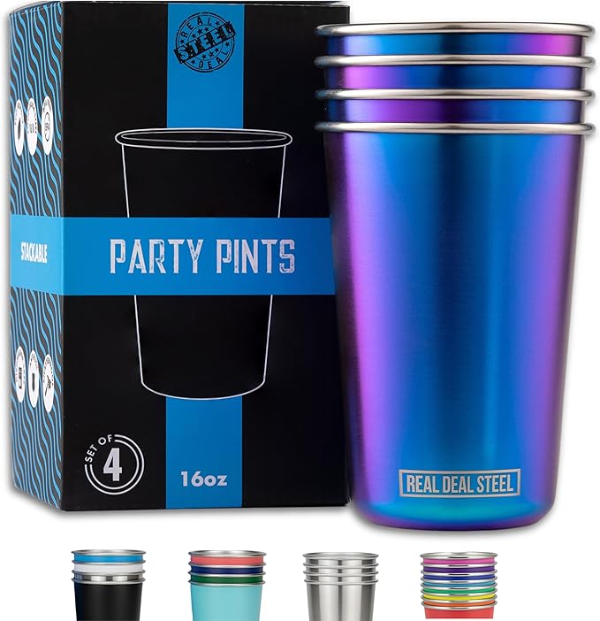 Real Deal Steel Rainbow Cups 16 oz Pint Cups, Stackable Tumblerrs, Eco Friendly Premium Metal Drinking Glasses (Iridescent)