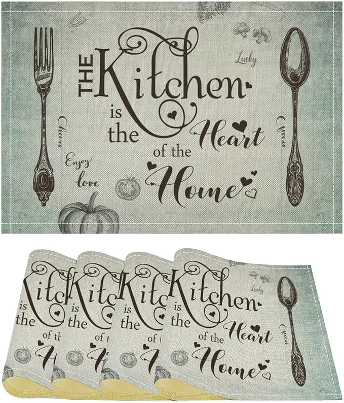 Retro Farmhouse Placemat Set, Minimal Green Gradient Rustic Plank Art Sketch Cutlery Knife Fork Inspirational Quotes Pattern Home Decor Linen Table Mats for Dining Room Kitchen Party (17x12in) x4P