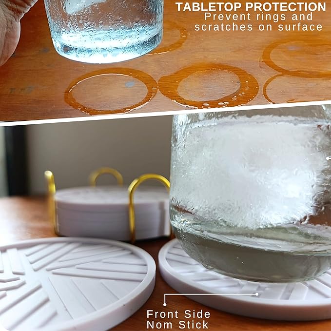 Silicone Drinks Coasters Set of 6 - with Smart, Modern Groove Patterns & Gold Holder Protecs Your cofee Table from Condensation Cups, muggs Home, Office, bar Decor - Lavander White