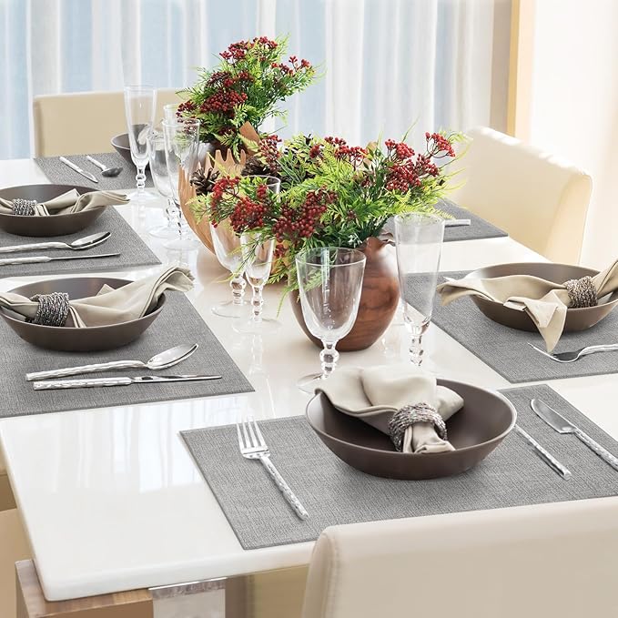 Faux Leather Placemats Set of 6 Washable Artificial Leather Table mats for Kitchen Table - Heat Resistant, Waterproof, Easy Clean, Anti Slip 11.8" x 17" (Light Grey-6 Pack)