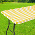 Smiry Rectangle Picnic Table Cloth, Elastic Waterproof Fitted Vinyl Tablecloths, Flannel Backed Buffalo Plaid Table Covers for Dining, Camping, Outdoor (White and Yellow, 36" x 96")