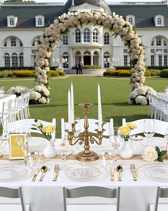 Hioasis 60pcs White and Gold Plastic Plates - White Disposable Dinnerware Set, 30pcs Dinner 10.25in & 30pcs Dessert 7.5in Plates with Striped Designs for Party & Wedding