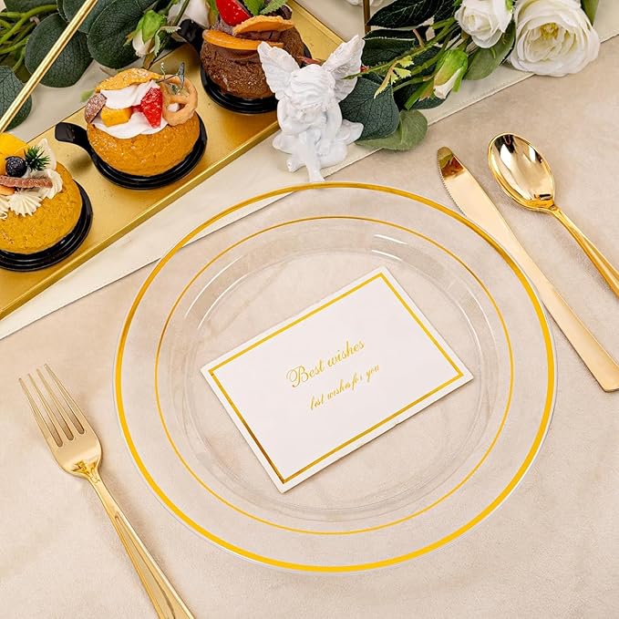 I00000 60PCS Clear Gold Plastic Plates, Clear Plates With Gold Rim 10 Inch,Fancy Disposable Wedding Plate Heavy Duty Plastic Plate for Birthday, Wedding & Party