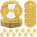 Dandat 24 Pcs Charger Plate Bulk 13'' Floral Reef Plates with Napkin Ring Plastic Dinner Charger Hollow Out Flower Napkin Holder Plastic Plate for Table Setting Wedding Party (Gold)