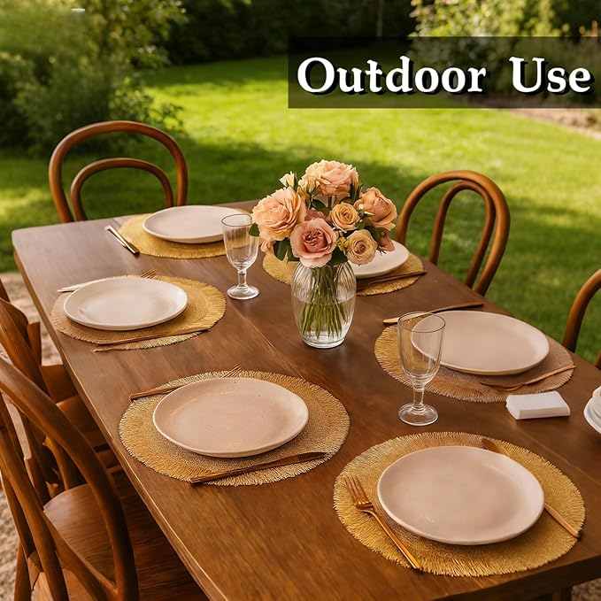 FAVE Round Gold Vinyl Placemats Set of 4, Washable Hollow Out Fringe Place Mats for Wedding, Party, Birthday, Restaurant Decor and Daily Dining(15 inch)