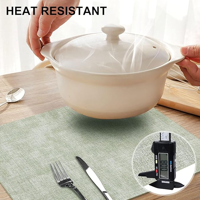 homing Faux Leather Heat Resistant Placemats 8 Packs, Waterproof Wipeable Dining PU Place Mats for Indoor & Outdoor, Easy to Clean, Light Green