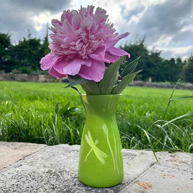 Rolf Glass Dragonfly Colored Glass Vases | 6.5" Flower Vases | Diamond-Wheel Engraved | Designed and Engraved in the US | Bright Blue and Green Glass | Nature-Inspired Design | Set of 2