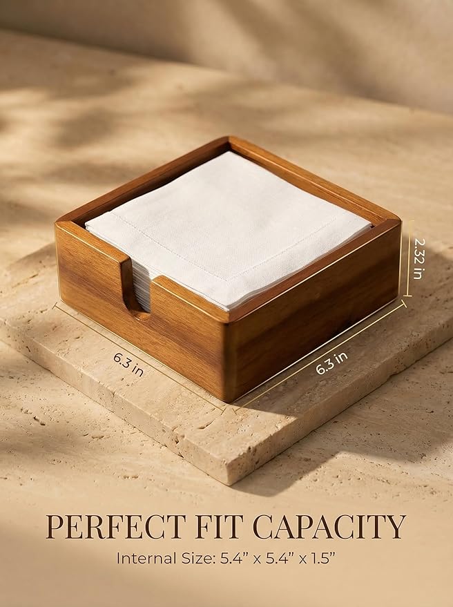 Acacia Cocktail Paper Napkin Holder Square 5.4x5.4 inches, Wood Flat Napkin Tray, Cocktail Napkin Caddy For Kitchen Décor, Restaurant Countertop Bar Accessories