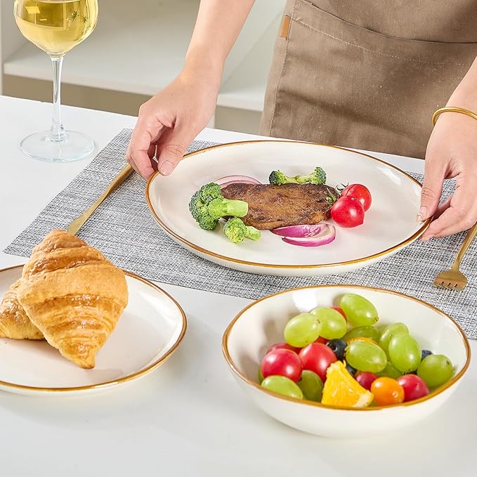 Bestone 12 Pieces Round Kitchen Dinnerware Sets，Plates and Bowls Sets,Dishes, Plates, Bowls, Dish Set, Chip Resistant Ceramic Dinnerware Set, Dishwasher/Microwave Safe,Service for 4,Pearl White