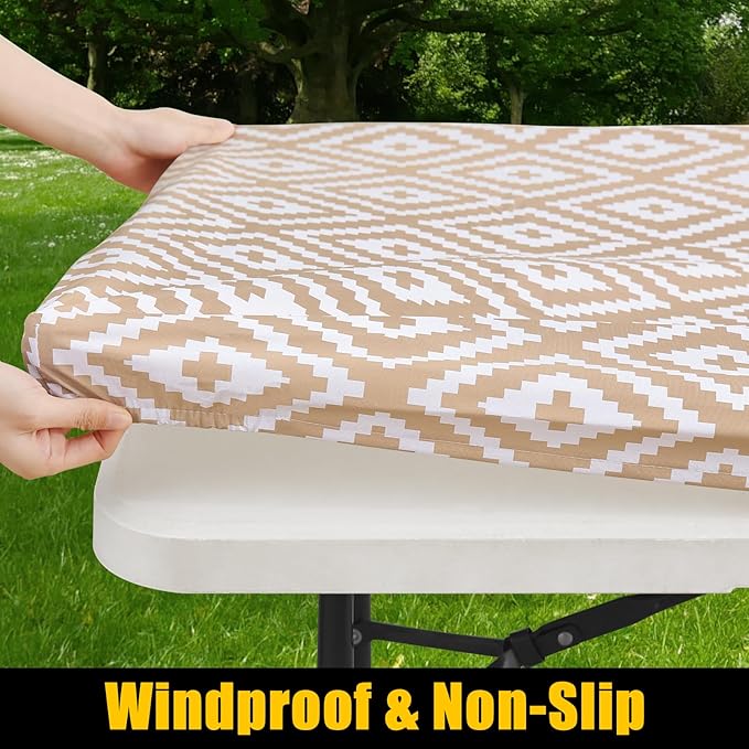 Smiry Rectangle Table Cloth Cover, Waterproof Elastic Fitted Picnic Tablecloth for 8 Foot Tables, Wipeable Flannel Backed Vinyl Tablecloths for Camping, Dining, Outdoor (Khaki, 30" x 96")