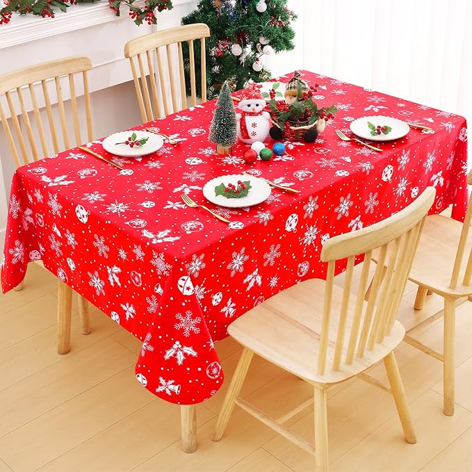 Smiry Christmas Rectangle Table Cloth, Waterproof Vinyl Tablecloth with Flannel Backing, Wipeable Bell & Snowflake Plastic Tablecloths for Christmas Table Decorations, (60"x102", White & Red)