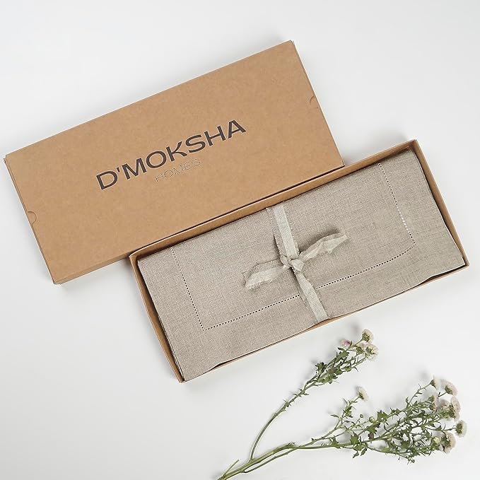 D'Moksha Homes Linen Natural Table Runner 90 Inches Long - Classic Hemstitch 100% Pure Linen Dining Table Runner 14 x 90 Inch for Valentines, Spring, Easter