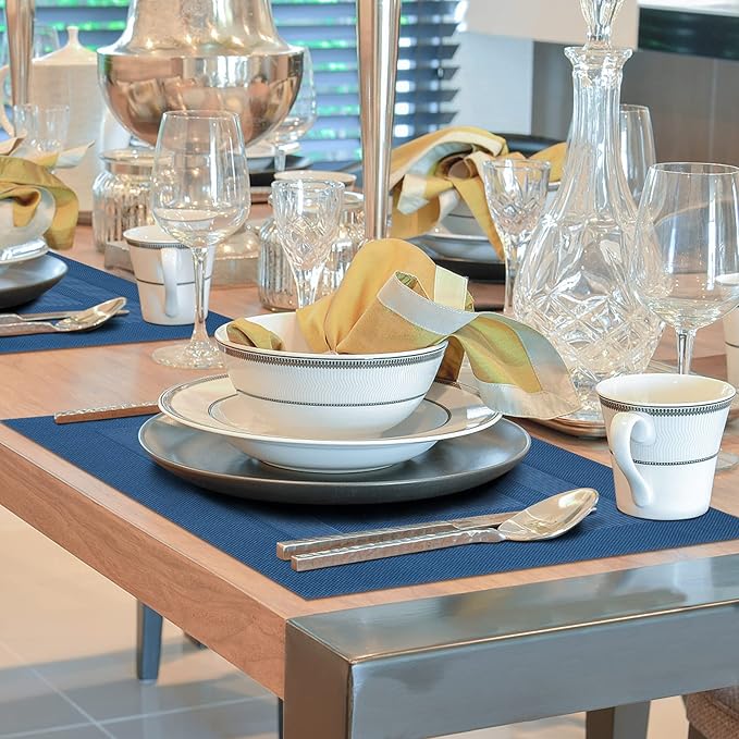 Winknowl Placemats for Dining Table Set of 6 Waterproof, Woven Place Mats for Kitchen Table Vinyl Heat Insulation Stain Resistant Placemats (Navy Blue)