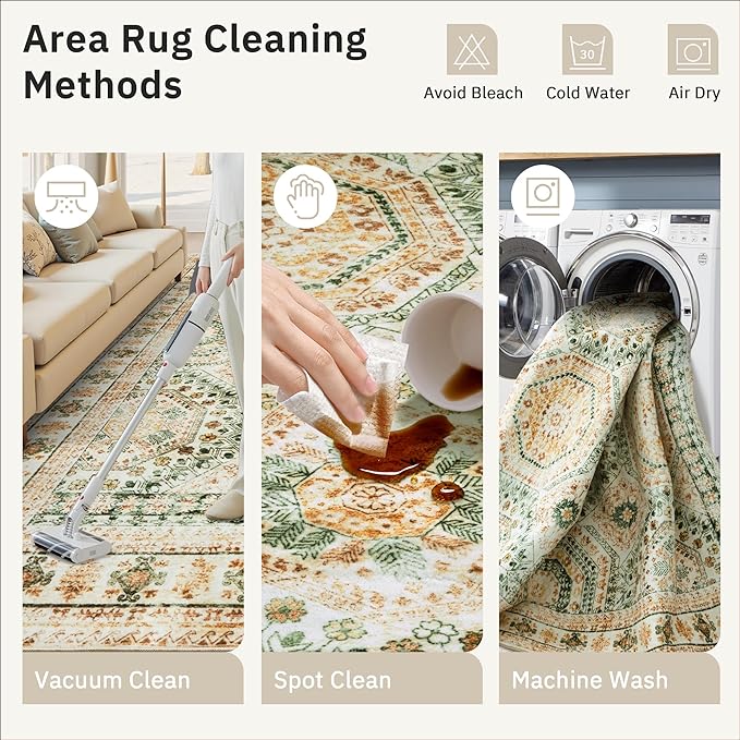 Washable Area Rug 8x10, Large Soft Rugs for Living Room Green Yellow Carpet 8x10 Area Rugs for Bedroom Dining Room Non-Slip Stain Resistant Rug