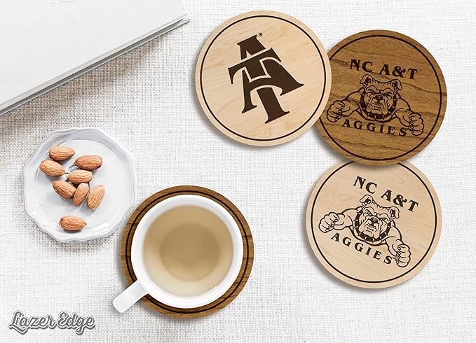LazerEdge NC A&T Aggies Wooden Coaster Set - Cherry Wood - Officially Licensed Product - 4-Pack