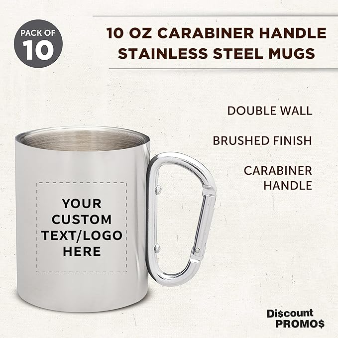 Custom Stainless Steel Mugs with Carabiner Handle 10 oz. Set of 10, Personalized Bulk Pack - Perfect for Coffee, Soda, Other Hot & Cold Beverages - Silver