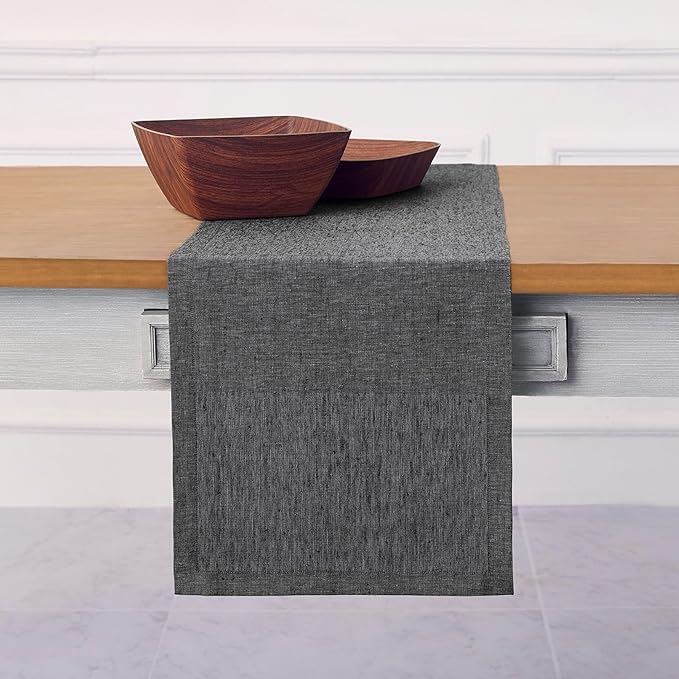 Solino Home Linen Table Runner 144 Inches Long - Athena, 100% Pure Linen Charcoal Grey Dining Table Runner 14 x 144 Inch for Winter - Handcrafted and Machine Washable