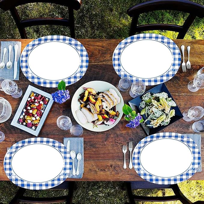 50Pcs Blue and White Gingham Oval Paper Plates 10" x 12" Large Blue Gingham Checkered Plaid Plates Disposable Heavy Duty Oktoberfest Plate for Oktoberfest Holiday Picnic BBQ Birthday Party Decorations