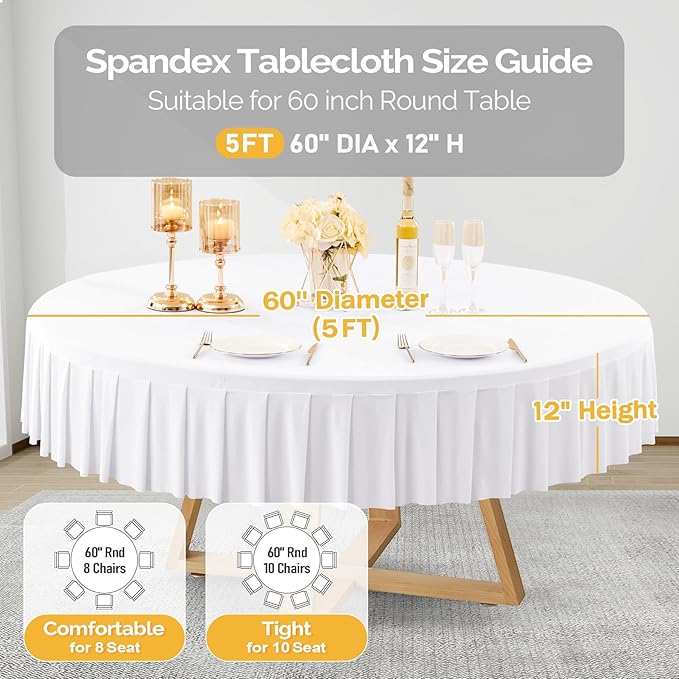 2 Pack White Spandex Round Tablecloths for 60 inch Tables, Stretchy Fitted 5FT Round Table Cloths, Wrinkle Free Table Cover with Skirt for Wedding Party Dining Banquet Baby Shower