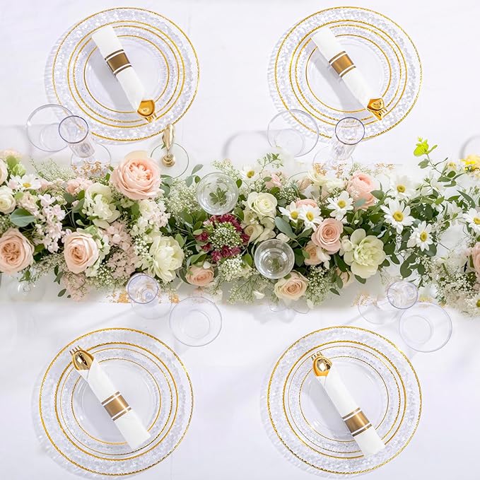 Ciaell 350PCS Clear Plastic Plates with Gold Trim for 50 Guests,Includes 100 Plastic Plates, 50 Pre Rolled Napkins with Gold Silverware, 50 Cups, Disposable Dinnerware Set for Wedding & Party