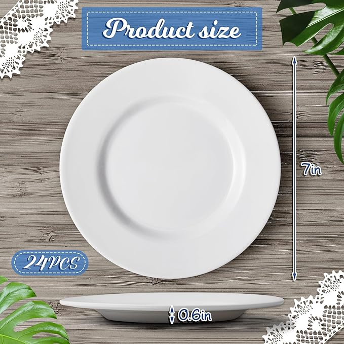 Hushee 24 Pack 7 Inch White Dessert Plates/salad Dishes Set, Melamine Small Dinner Plates Round Serving Dishes for Snacks, Bread, Fruit, Cake and Salad, Home Restaurant Supplies