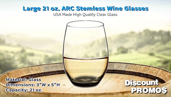 DISCOUNT PROMOS 10 ARC Stemless Wine Glasses Set, 21 oz. - Chardonnay, Cabernet, Merlot, Sauvignon - Black