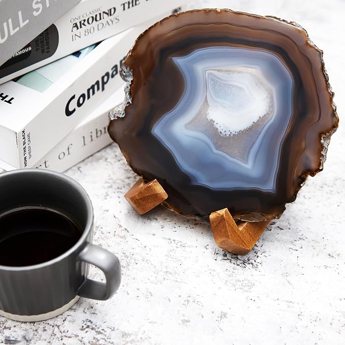 Luxury Lane Large Natural Brazilian Agate Slice Geode Rock Stone Drink Coaster with Wood Holder 4.7-5.5 inch Centerpiece Table Decoration, Ash Gray