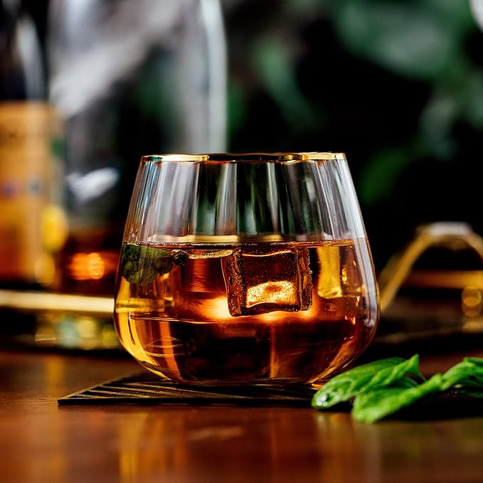 Lysenn Stemless Wine Glasses Set of 4 - Premium Hand Blown Drinking Glasses for White and Red Wine - Elegant Wide Vertical Stripe and Gold Rim Design - Clear 11.8oz