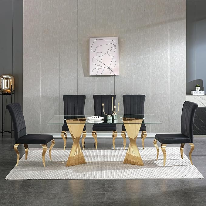 70" Glass Dining Table,Gold Dinner Room Glass Table for 6 8,Modern Kitchen Dinner Table with Stainless Steel Base and Clear Tempered Glass Top for Living Dining Room