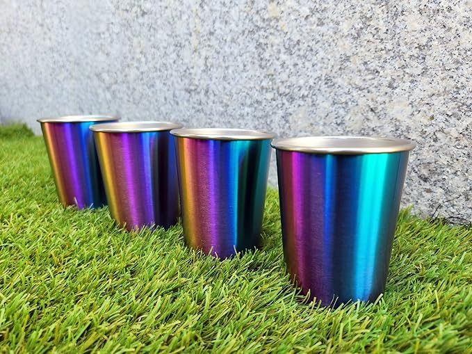 Stainless Steel Kids Cups 8 oz - Stainless Steel Small Children Cups for Home & Outdoor Activities, BPA Free Unbreakable Premium Stackable Metal Drinking Glasses (4-Pack) - Rainbow Colorful Finish