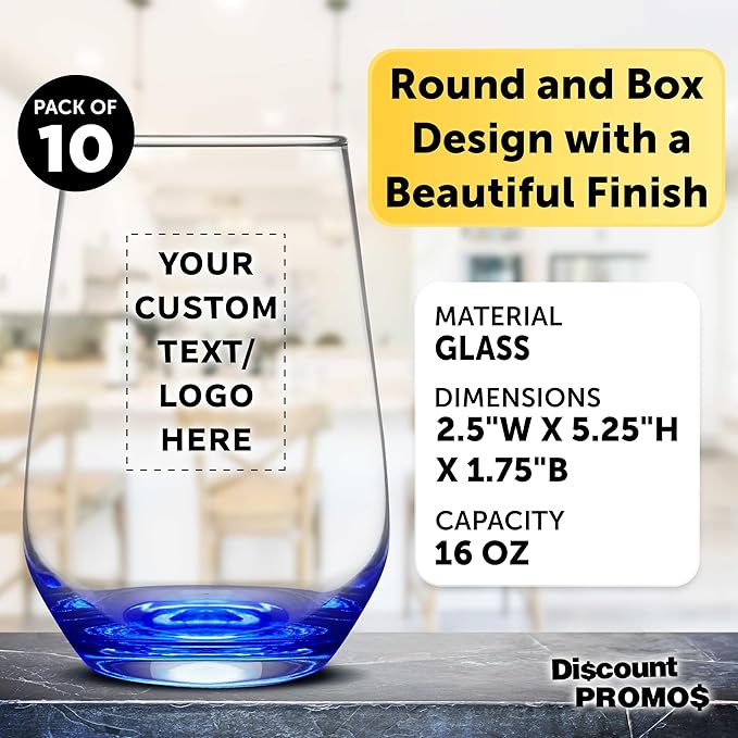 DISCOUNT PROMOS 10 Vaso Silicia Stemless Wine Glasses Set, 16 oz. - Personalized Text, Logo - Clear, Orb-Like, Thick base - Blue