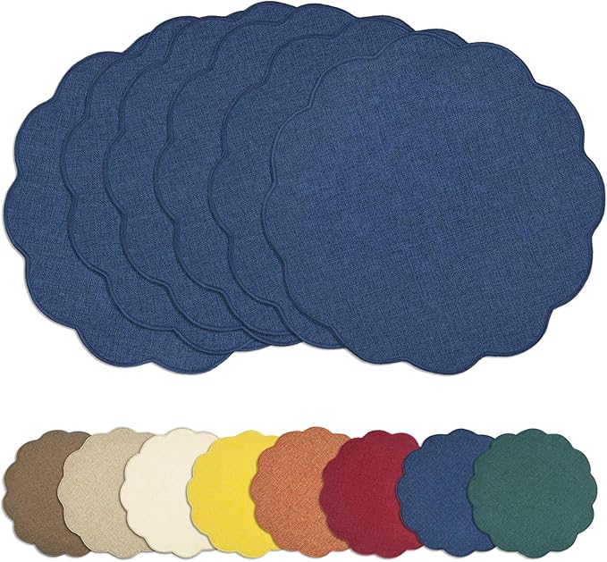 AHHFSMEI Round Faux Linen Placemats Set of 6 Waterproof Table Mats Heat Resistant Non-Slip and Stain Proof for Kitchen Dining Elegant Decor (Navy Blue,6)