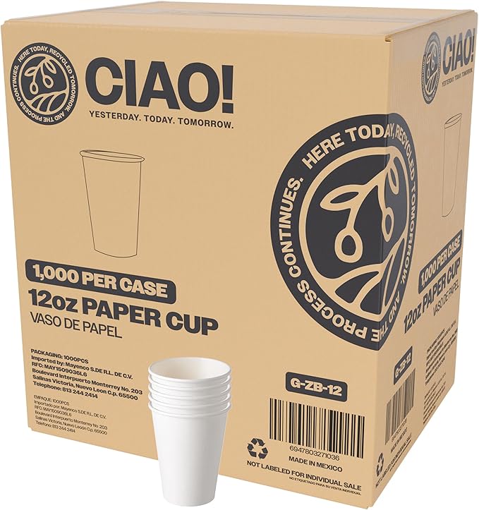 CIAO! 12oz White Paper Hot Cup, Disposable, 90mm Diameter 1,000 Count