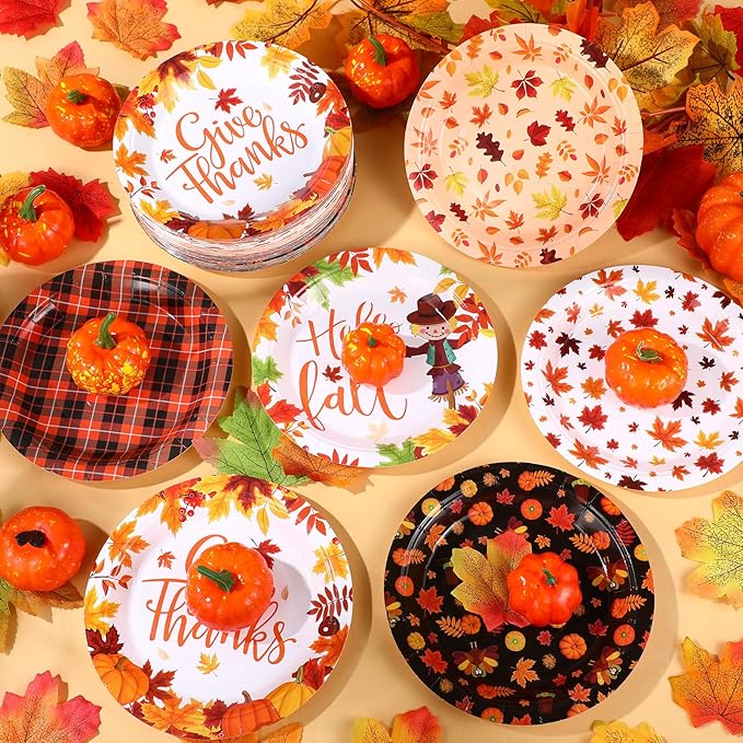 Umigy 120 Pcs Thanksgiving Paper Plates 7 Inch Hello Fall Dessert Plates, Fall Mable Leaves Dinner Disposable Tableware Harvest Party Dessert Tableware for Give Thanks Theme Autumn Thanksgiving Party