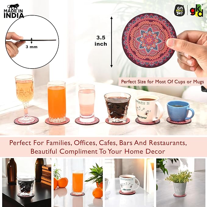 Coaster Set of 6 Fine Mandala Art Wooden Coasters with Proper Coaster Stand Set Fit for Tea Cups, Coffee Mugs and Glasses (3.5 X 3.5 Inch, Fine Mandala Design) Rangoli
