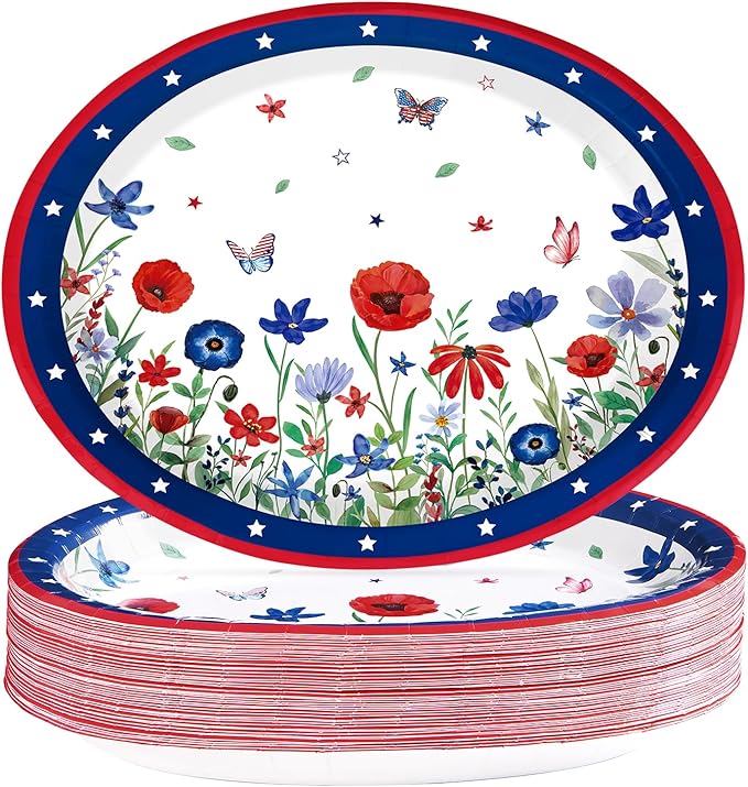 Grencian 50 Pcs 4th of July Flower Oval Paper Plates 10" × 12" Heavy Duty American Flag Plates Disposable Patriotic Platters for Independence Day Memorial Day Veterans Day Party Supplies Decor