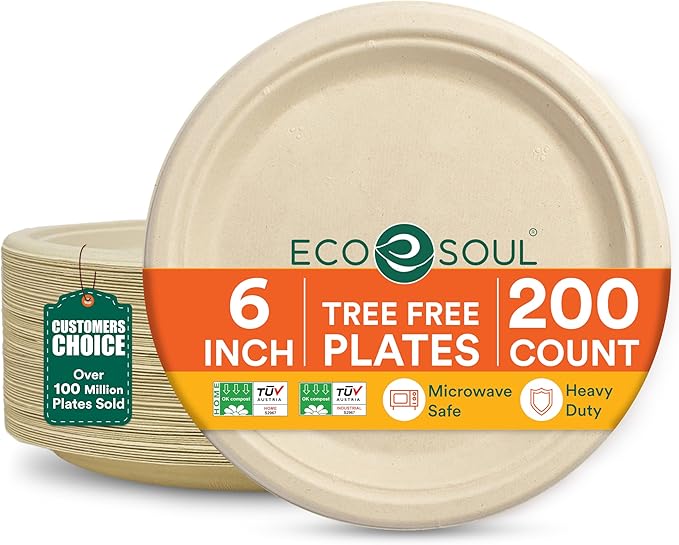 ECO SOUL 6 Inch Compostable Disposable Paper Plates [200 Pack] Food Safe 100% Virgin Bagasse Pulp Heavy Duty Biodegradable Microwave Safe Small Round Dessert Plate for Party, Picnic & BBQ (Brown)