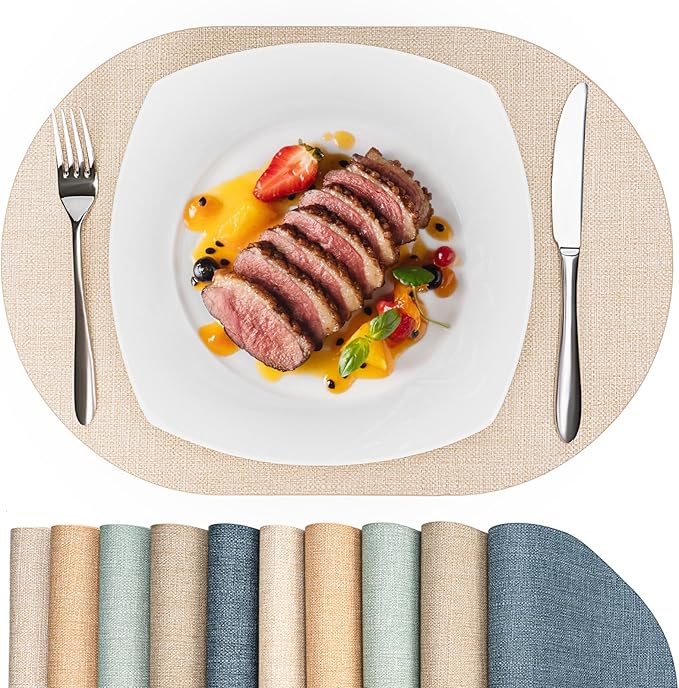 Oval Placemats for Dining Table Set of 2, Washable Leather Table Mats, Waterproof Heat-Resistant Non-Slip Kitchen Placemats, Simple Style Oval Design