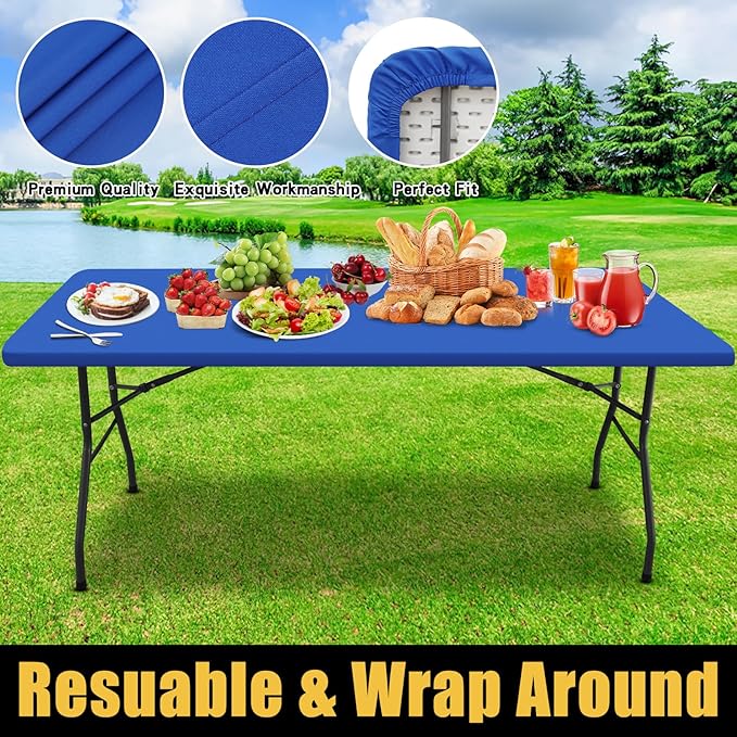 Smiry Rectangle Picnic Table Cloth, Waterproof Elastic Fitted Tablecloths for 8 Foot Tables, Washable Polyester Table Cover for Camping, Indoor and Outdoor (Blue, 30"x96")